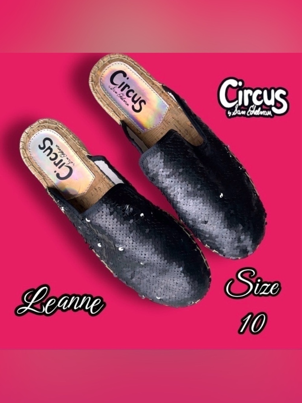 Circus BY SAM EDELMAN Leanne Black Silver Espadrille Mules Size 10